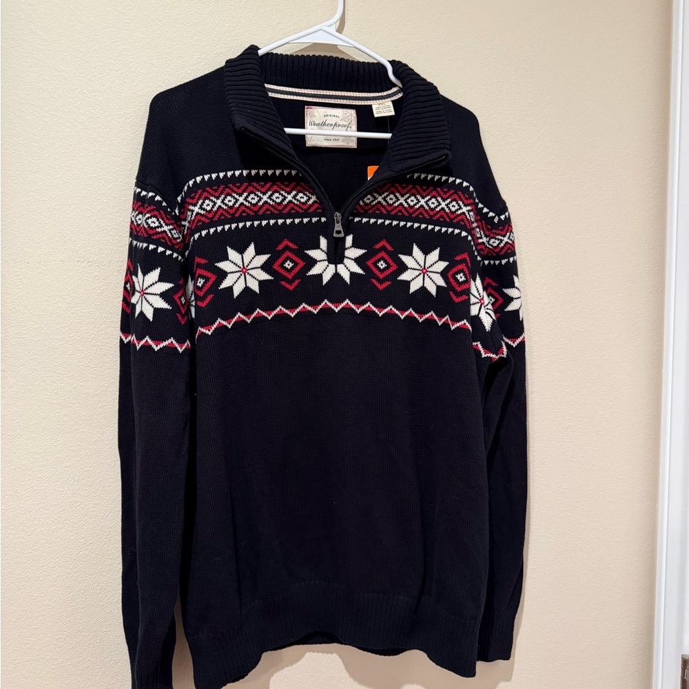 NWT Weatherproof Black and Red Snowflake Zip Up Sweater